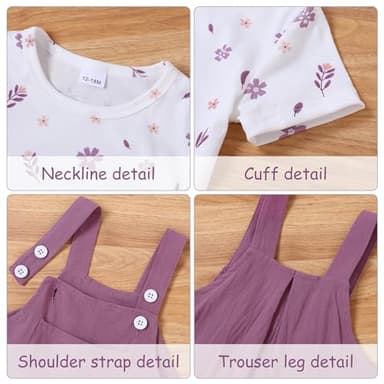 ZOEREA Toddler Girl Clothes, 2Pcs Baby Girl Outfits Spring/Summer Stripe/Floral T-Shirt+Bib Overall Shorts Clothing Set 1-5T (Purple A,12-18 Months) - Image 5