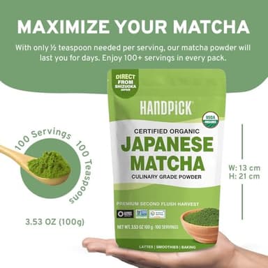 HANDPICK Japanese Organic Matcha Green Tea Powder (100 Servings) - Authentic Premium Second Flush Harvest | Resealable Ziplock Pouch - Image 6
