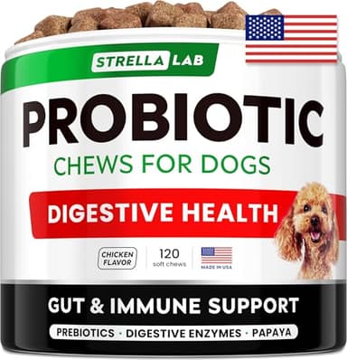 STRELLALAB Dog Probiotics Chews for Digestive Health & Gut Support with Yeast and Enzymes - Anti Gas, Diarrhea and Upset Stomach Immune Supplement - Digestion Treats with Fiber (120Ct, Chicken) - Image 1