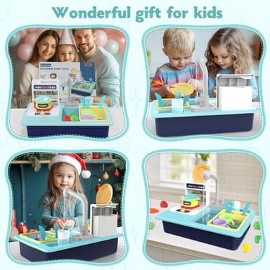 FunMission Play Kitchen Sink Toys, Children Electric Dishwasher Play Sink with Running Water, Play Kitchen Accessories, Upgraded Real Faucet for Water Play, Role Play House for Toddlers 3+ - Image 6