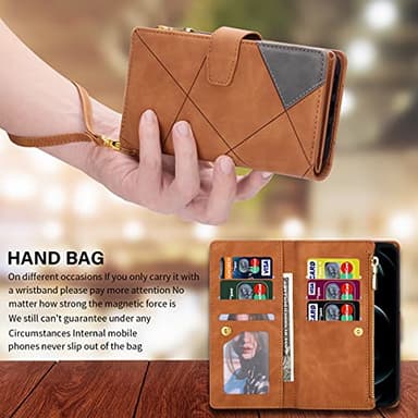 UEEBAI Wallet Case for Samsung Galaxy S22 Ultra 5G, Vintage Premium PU Leather Cover Flip Case with Card Slots Magnetic Closure Zipper Pocket Kickstand Handbag with Hand Strap - Brown - Image 5