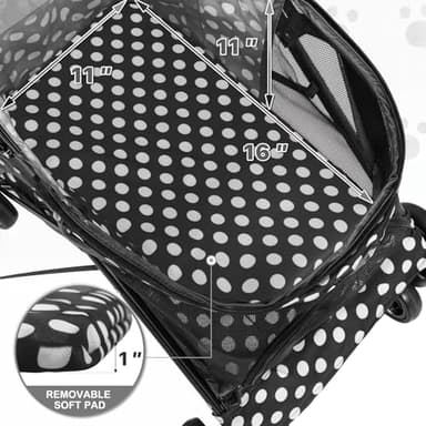 MoNiBloom 4 Wheels Pet Stroller, Easy-Fold Umbrella Shaped Dog Cat Jogger Stroller w/Storage Bag & Visible Mesh for Small/Medium Dogs Cats Black Polka Dots - Image 7