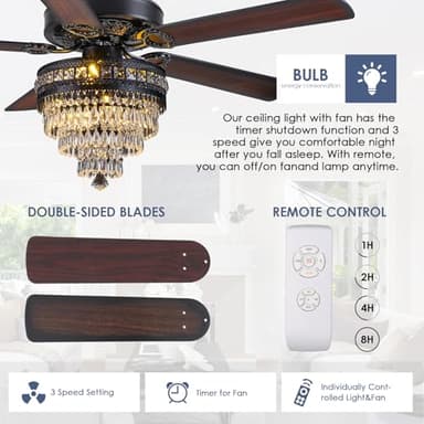 Crystal Ceiling Fan Fandelier with Lights - Modern Outdoor Fans with Remote Control，Noiseless AC Motor, Retro/Farmhouse Lighting, Dining Room， Living Room (52" - Image 2