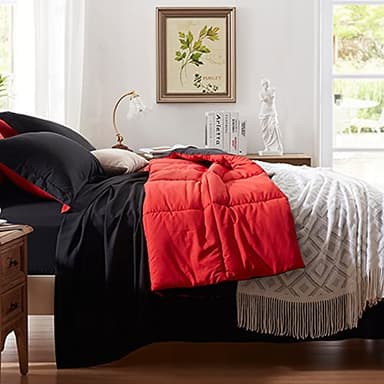 Anluoer Queen Comforter Set 7 Piece, Reversible Bed in a Bag Queen Size, Lightweight Bedding Set with 1 Comforter(88"*88"), 2 Pillow Shams, 2 Pillowcases, 1 Flat Sheet, 1 Fitted Sheet, Red & Black - Image 2
