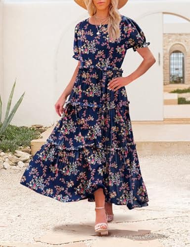 YESNO Summer Casual Bohemian Floral Dresses for Women Puff Short Sleeve Long Maxi Dress with Pockets (M ETX CR30) - Image 3