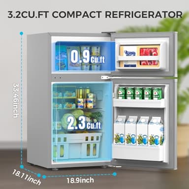 COWSAR 3.2 Cu.Ft Mini Fridge with Freezer, Double Door Compact Mini Fridge for Bedroom, Adjustable Thermostat, Energy-efficient Low Noise Small Refrigerator For Dorm, Office, Bar, RV, Bedroom - Image 3