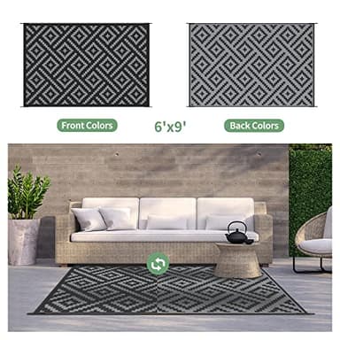 GENIMO Outdoor Rug for Patio Clearance,6'x9' Waterproof Mat,Reversible Plastic Camping Rugs,Rv,Porch,Deck,Camper,Balcony,Backyard,Black & Gray - Image 4