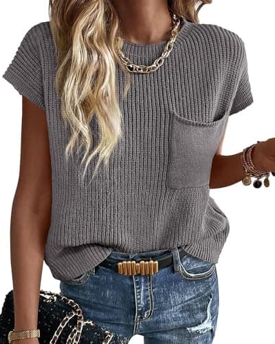 KIRUNDO Sleeveless Sweater Tops for Women Summer Sweater Vests 2025 Casual Spring Fall Fashion Crew Neck Ribbed Knit Pullover(Grey, Medium) - Image 1