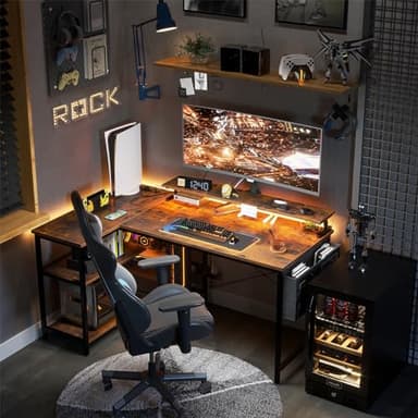 ODK 48 Inch Gaming Desk with USB Charging Ports and LED Lights, Reversible L Shaped Computer Desk with Storage Shelves & Monitor Stand, Corner Home Office Desk Table with Power Outlets, Vintage - Image 7