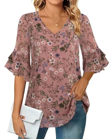 VALOLIA Floral Blouses: 3/4 Sleeve Tops For Womens - Blouse For Women Casual - Blouses For Women Dressy Casual Plus Size Pink Floral X-Large - Image 2
