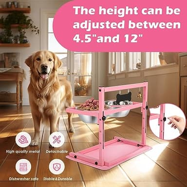 SHAINFUN Pink Elevated Dog Bowl Stand with Two 1700ml Stainless Steel Food Bowls, Slow Feeder and Spill Proof Mat, Adjustable Feeder for Large, Medium and Small Dogs - Image 2