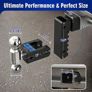 DEWOT Adjustable Trailer Hitch Fits 2" Receiver - Heavy-Duty 12,500 lbs GTW Aluminum Tow Hitch with Dual Ball (2" & 2-5/16"), 6" Drop/Rise, 4 Silencer Pads & Anti-Theft Lock for Trucks and SUVs - Image 3