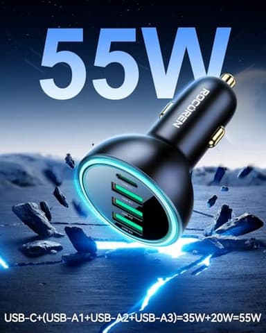 Rocoren 55W 4-Port Car Charger, PD3.0 QC3.0 Super Fast Charging USB C Car Charger for Multiple Devices, Cigarette Lighter Adapter for iPhone 17/16/15/14 Series, iPad Pro, Samsung S25/S24 Ultra, Pixel - Image 4