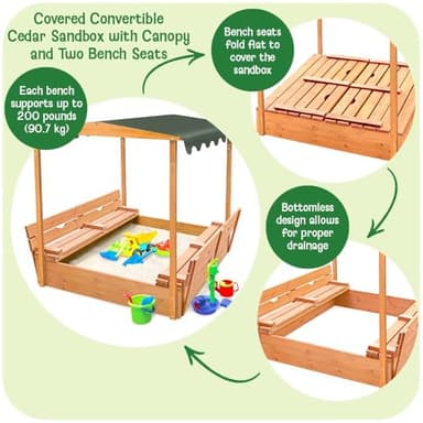 Badger Basket Cedar Sandbox for Kids with Canopy & Benches - Outdoor Convertible Wooden Sandbox with Lid, UV Shade & Built-In Seating - Backyard Playset (46.5 x 46.5 x 57) - Image 2