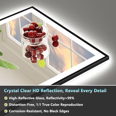 AWANDEE 40x30 Black Framed LED Bathroom Mirror with Lights, Backlit + Front Lit, Anti-Fog Lighted Vanity Mirror for Bathroom Wall with 3 Colors, Dimmable, Memory, Tempered Glass, Horizontal/Vertical - Image 9