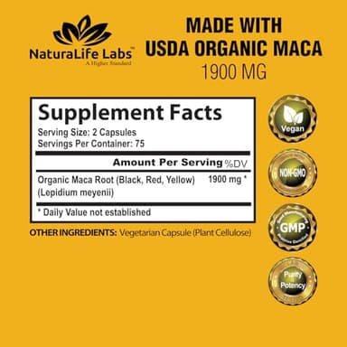 Organic Maca Root – Black, Red & Yellow – 1900 mg per Serving – 150 Capsules – Gelatinized Peruvian Maca – Non-GMO, Gluten-Free, Vegan - Image 2