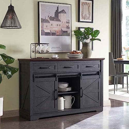 IFGET Farmhouse Buffet Cabinet, 53” Sideboard Cabinet w/3 Drawer, Rustic Storage Cabinets w/Sliding Barn Door, Coffee Bar for Dinning Room, Kitchen, Hallway, and Living Room-Dark Grey - Image 1