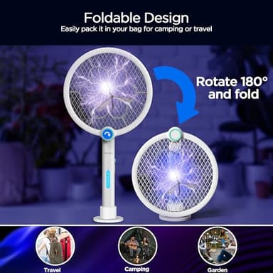 Foldable Electric Fly Swatter 3800V Bug Zapper Racket Rechargeable with UV Lights, Portable Handheld Cordless Mosquito Rackets to Kill Mosquitoes, Wasps, Gnats, Fruit Flies, Flies for Indoor Home - Image 4
