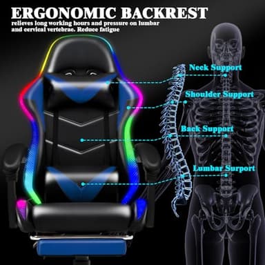 Czlolo Gaming Chair, Racing Style RGB LED Lights Gaming Chairs for Adults and Kids, Lumbar Massager Gamer Chair, High Back Reclining Computer Chair with Footrest and Headrest (Black/Blue) - Image 6