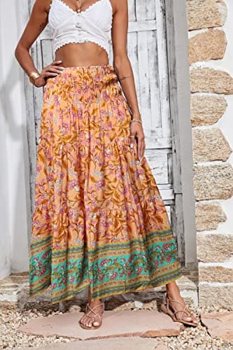 CFLONGE Women's 2025 Bohemian Long Skirts Flowy High Waist A Line Maxi Skirts for Women Summer(Pink,Medium) - Image 6