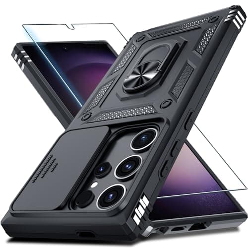 Janmitta Compatible with Samsung Galaxy S25 Ultra Case Built in Slide Camera Lens Cover+Screen Protector+Finger Ring Holder Kickstand,Heavy Duty Shockproof Full Body Phone Cover,2025 Black - Image 1