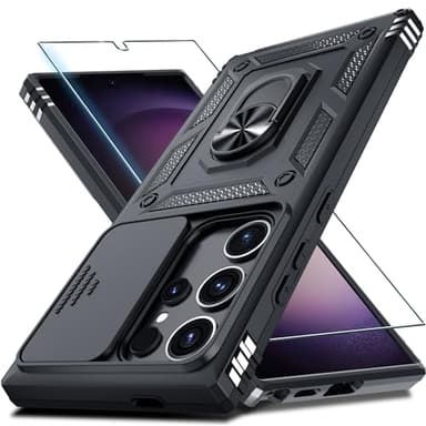 Janmitta Compatible with Samsung Galaxy S25 Ultra Case Built in Slide Camera Lens Cover+Screen Protector+Finger Ring Holder Kickstand,Heavy Duty Shockproof Full Body Phone Cover,2025 Black - Image 1