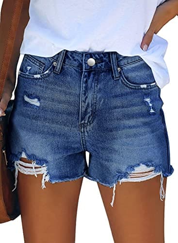 CHICZONE Ripped Jean Shorts Womens Mid High Rise Stretchy Casual Denim Shorts Frayed Raw Hem Navy Blue M - Image 1