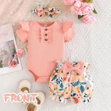 GDTOGRT Baby Girl Clothes 3-6 Months Newborn Infant Outfit Ruffle Romper Short Pants Clothing Sets for Summer Spring - Pink - Image 2