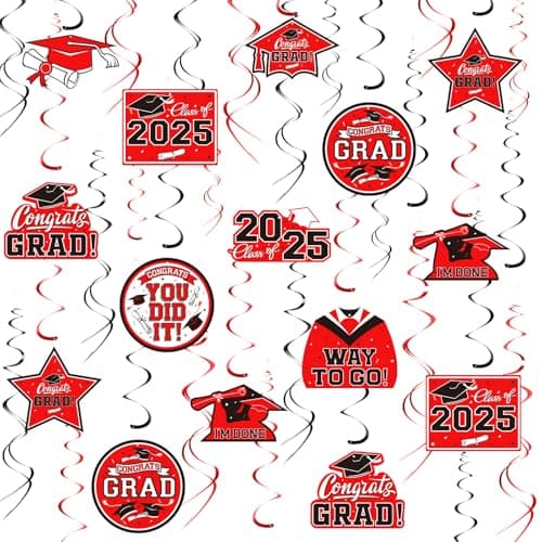 31 Pieces Graduation Decorations Class of 2025, Graduation Hanging Swirl Congrats Grad and Graduation Party Decorations(red, Black) - Image 1