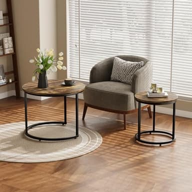 Smuxee Nesting Coffee Table Set of 2, 23.6" Round Coffee Table Rustic Wood Top with Adjustable Non-Slip Feet, Industrial End Table Side Tables for Living Room Bedroom Balcony Yard - Image 6