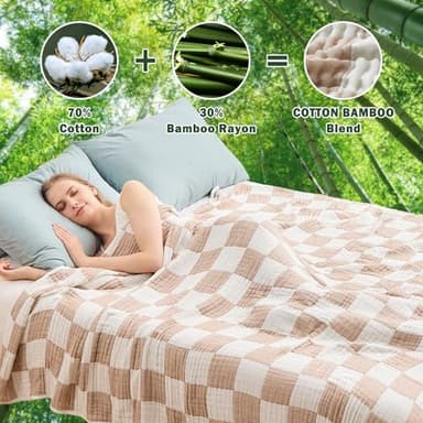 EMME Checkered Cotton Blanket Queen Size for Bed Soft Large Muslin Bed Blankets 80"x90" Lightweight Breathable Cooling All Season Gauze, Light Tan - Image 2