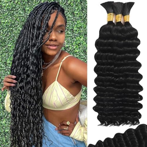 Human Braiding Hair for Boho Braids Human 110g 20 Inch Curly Boho Hair for Braiding Knotless 12A Deep Wave Bulk Bohemian 3 Bundles/Pack Natural Color - Image 1