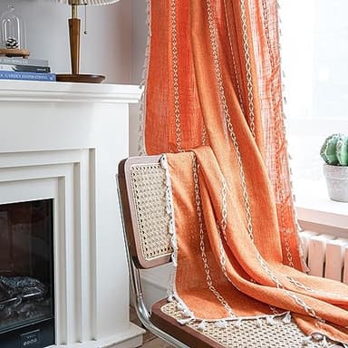 Sutuo Home Orange Boho Curtains for Bedroom Living Room,Terracotta Semi Blackout Linen Farmhouse Shabby Chic Tassels Window Treatment Bohemian Embroidery Drape, Rod Pocket 1 Panel 52" W x 96" L - Image 7