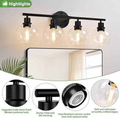 2025 Upgrade 4-Light Bathroom Light Fixtures, Black Bathroom Lights Over Mirror with Clear Glass Globe Shade, Vanity Lights for Bathroom Kitchen Living Room Hallway Cabinet Bedroom Porch - Image 3