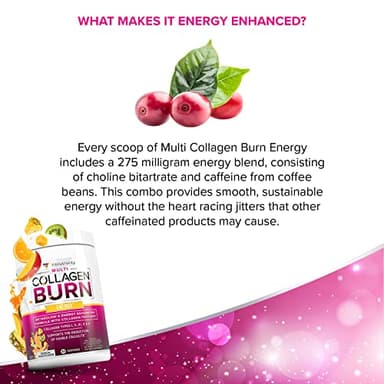 Multi Collagen Burn: MultiType Hydrolyzed Protein Peptides with Hyaluronic Acid, Vitamin C, SOD B Dimpless, Types I, II, III, V and X, with Caffeine 30 Servings Tropical Punch Flavored - Image 6