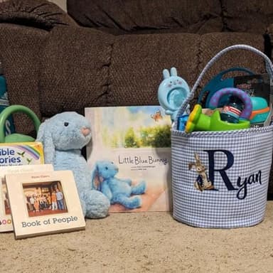 Personalized Easter Basket for Kids - Embroidered Bunny Nursery Storage Tote, Custom Easter Basket in pink/blue plaid, Easter Egg Hunt Bucket - Image 5