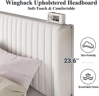 Allewie Full Size Velvet Bed Frame/Vertical Channel Tufted Wingback Headboard/Upholstered Platform Bed/Strong Wooden Slats/No Box Spring Needed/Easy Assembly/White - Image 6