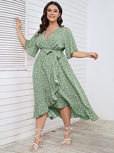 SCOMCHIC Women's Plus Size Long Dresses Short Sleeve High Low Split Flowy Beach Maxi Dress Green 3XL - Image 2