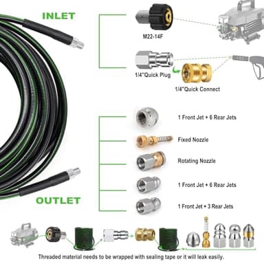 Sewer Jetter Kit for Pressure Washer 100 FT, 5800 PSI Pressure Drain Cleaner Hose for 1/4 Inch NPT Corner, Pressure Washer Cleaning Kit with 5 Pcs Sewer Jetting Nozzle, Pearl Corsage Pin (Black) - Image 3