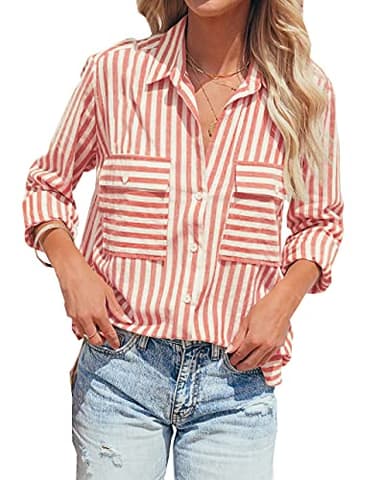 OMSJ Women's Striped Button Down Shirts Casual Long Sleeve Stylish V Neck Blouses Tops with Pockets (X-Large, Red) - Image 2