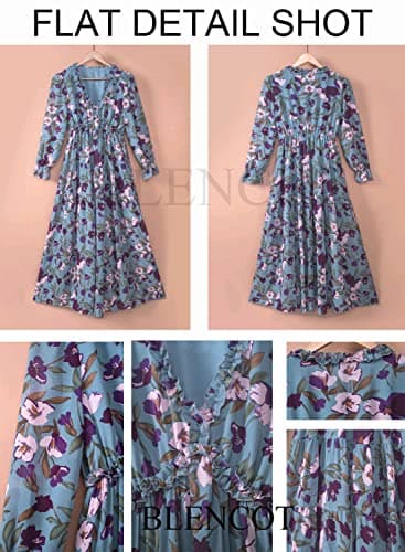 BLENCOT Women's Casual Boho Floral Printed Deep V Neck Loose Long Sleeve Long Evening Dress Ruched Cocktail Party Maxi Wedding Dress Blue Medium - Image 3
