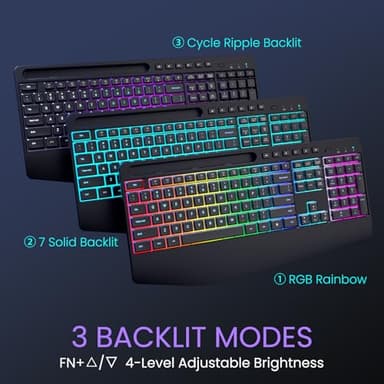 Wireless Keyboard and Mouse Combo- VEILZOR 2.4G Rechargeable Keyboard with Phone Holder, Ergonomic Wrist Rest, 9 RGB Backlit Effects, Silent Keyboard Mouse Set for Windows, Laptop, PC - Image 2