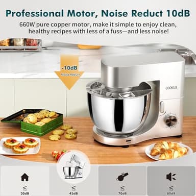 COOKLEE Stand Mixer, 9.5 Qt. 660W 10-Speed Electric Kitchen Mixer with Dishwasher-Safe Dough Hooks, Flat Beaters, Wire Whip & Pouring Shield Attachments for Most Home Cooks, Silver - Image 9