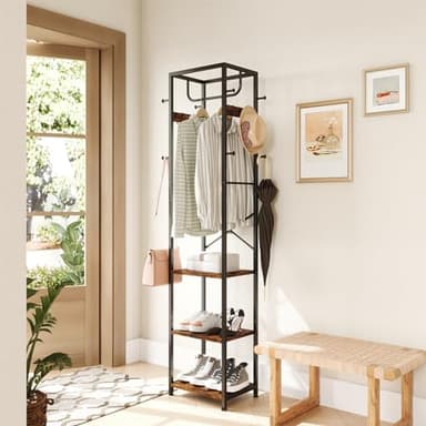 ELYKEN Coat Rack Freestanding, Hall Tree with 3 Storage Shelves and 12 Hooks, Industrial Clothes Rack Stand Organizer for Bedroom, Hallway, Entryway, Office, Living Room, Rustic Brown - Image 2
