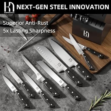 KnifeSaga Knife Set, 15 Pcs Kitchen Knife Block Set, Enduring Razor-Sharp Japanese High Carbon Stainless Steel Chef Knife Set with Block and Sharpener, Premium Black Knives Set for Kitchen - Image 5