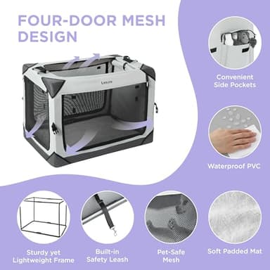 Lesure Collapsible Dog Crate - Portable Travel Kennel for Extra Large Dog, 4-Door Pet Crate with Mesh Windows, Indoor & Outdoor, Light Gray - Image 3