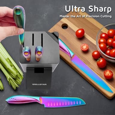 WELLSTAR Rainbow Knife Set 8 Pieces, Iridescent German Stainless Steel Kitchen Knives Set with Wooden Block, Colorful Titanium Coating, Chef’s Knife Block Set with Scissors and Built-in Sharpener - Image 3