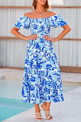 PRETTYGARDEN Women's Casual Summer Midi Dress Puffy Short Sleeve Square Neck Smocked Tiered Ruffle Dresses (Floral Blue,Medium) - Image 4