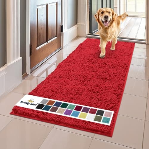 Muddy Mat® Shown on TV – Super Absorbent Microfiber Dog Door Mat for Muddy Paws, Non-Slip Washable Pet Rug, Quick Dry Chenille Entryway Carpet, Machine Washable Indoor Outdoor mat, Red 59"x24" - Image 1