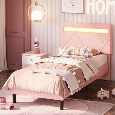 LIKIMIO Twin Bed Frame with LED Lights(Smart APP Control), Upholstered Modern Platform Bed Frame, No Box Spring Needed/Noise-Free/Easy Assembly, Pink - Image 1